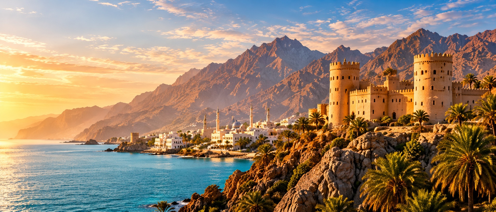 Historic Oman fort overlooking scenic coastal mountain range