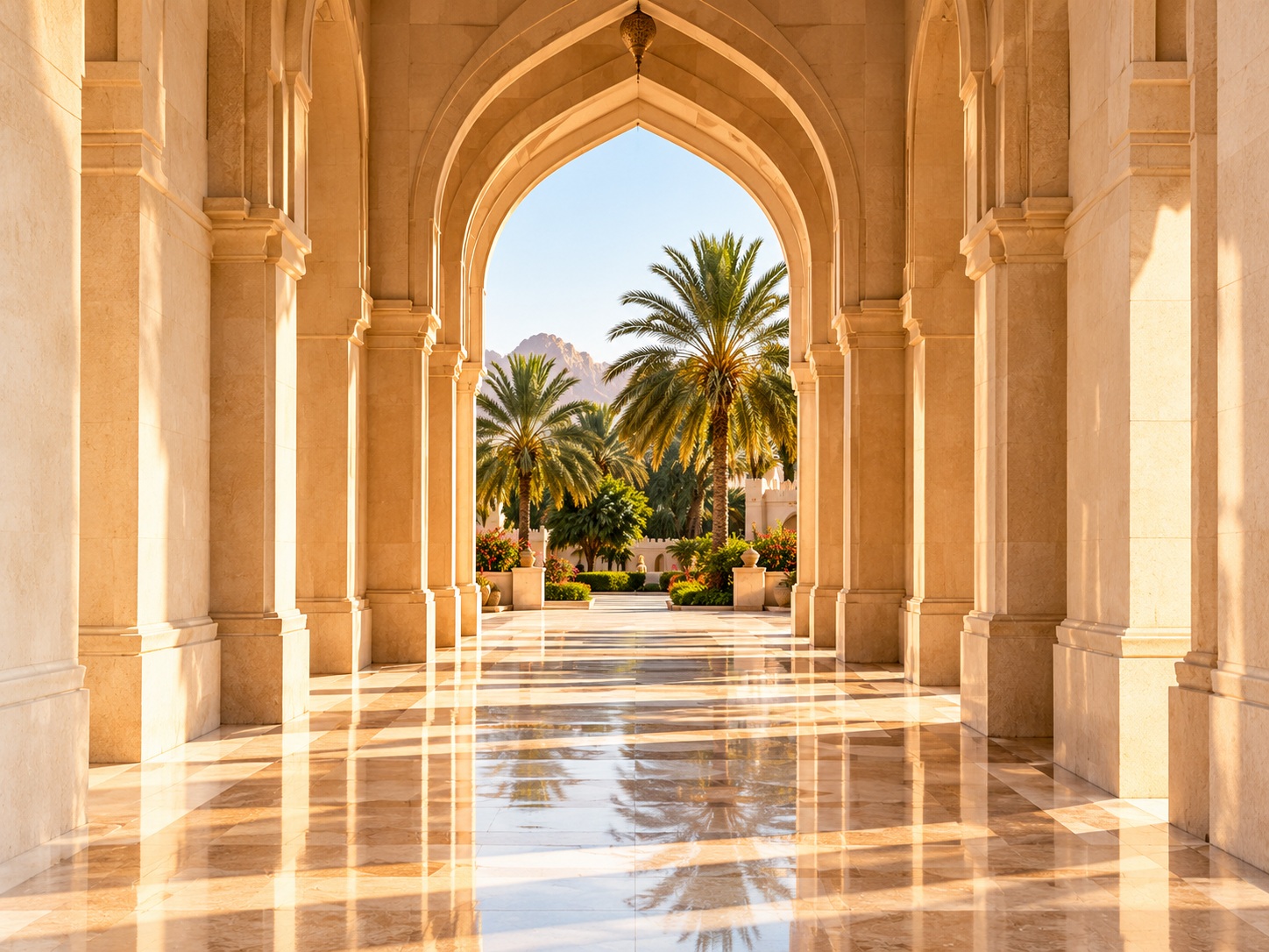 Majestic arched Omani colonnade with sunlight and palm court