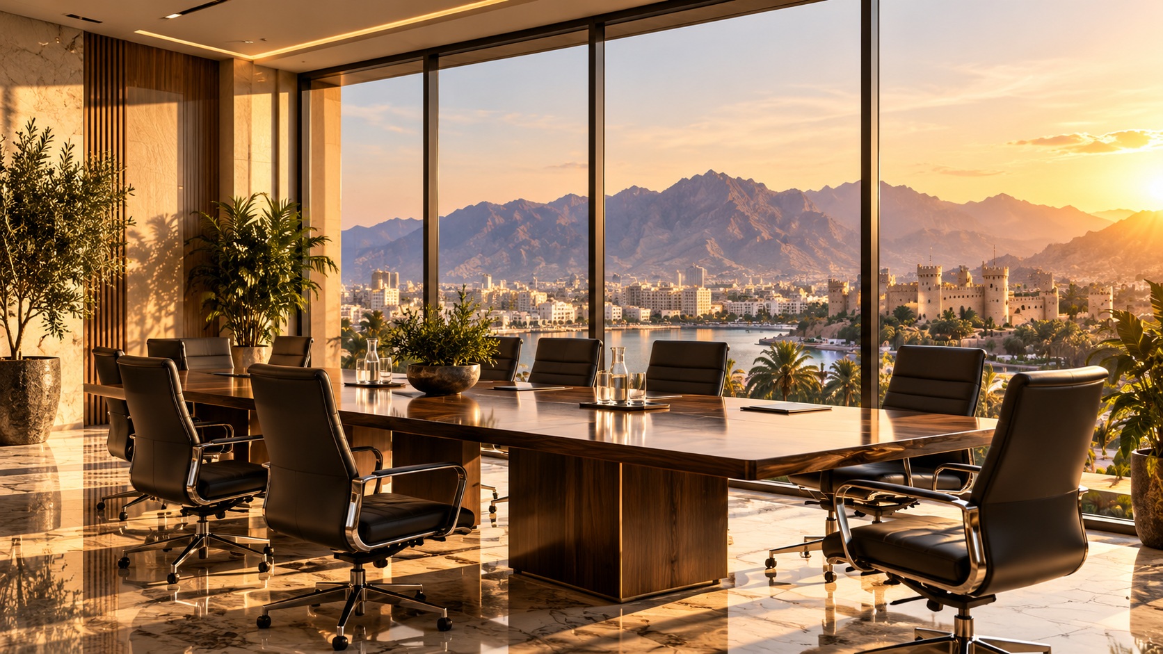 Modern corporate boardroom with panoramic views of the city skyline