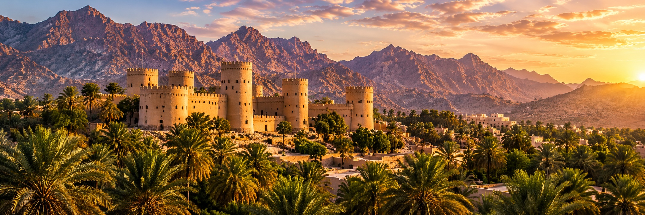 Majestic Oman fortress with mountain peaks in sunset light