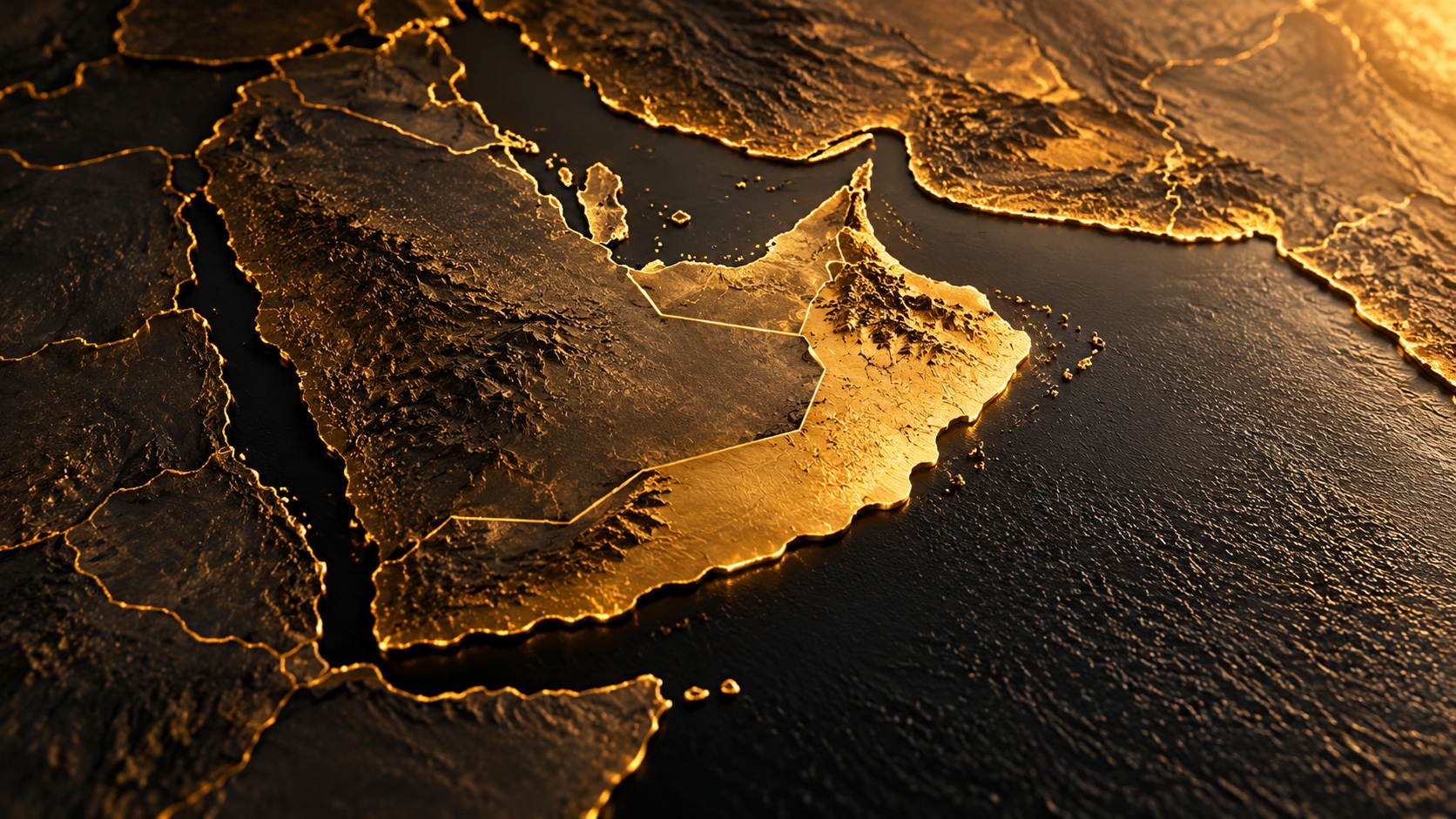 Glowing relief map showing Oman and Arabian Peninsula region