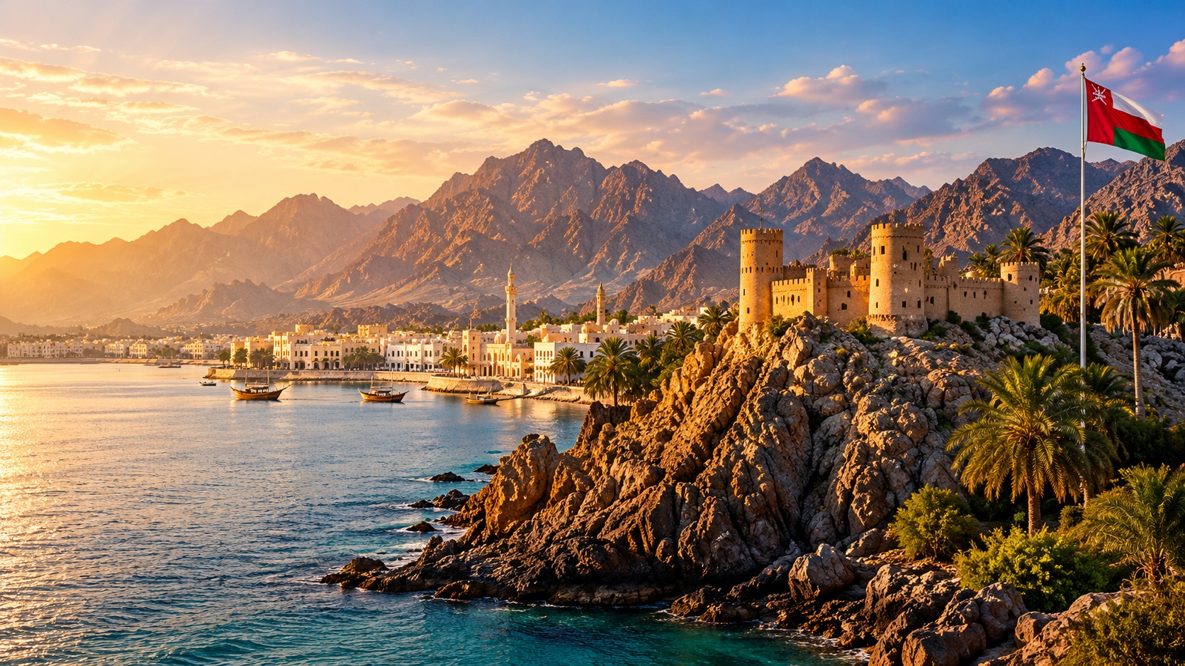 Scenic view of Omani traditional forts nestled in majestic mountain topography