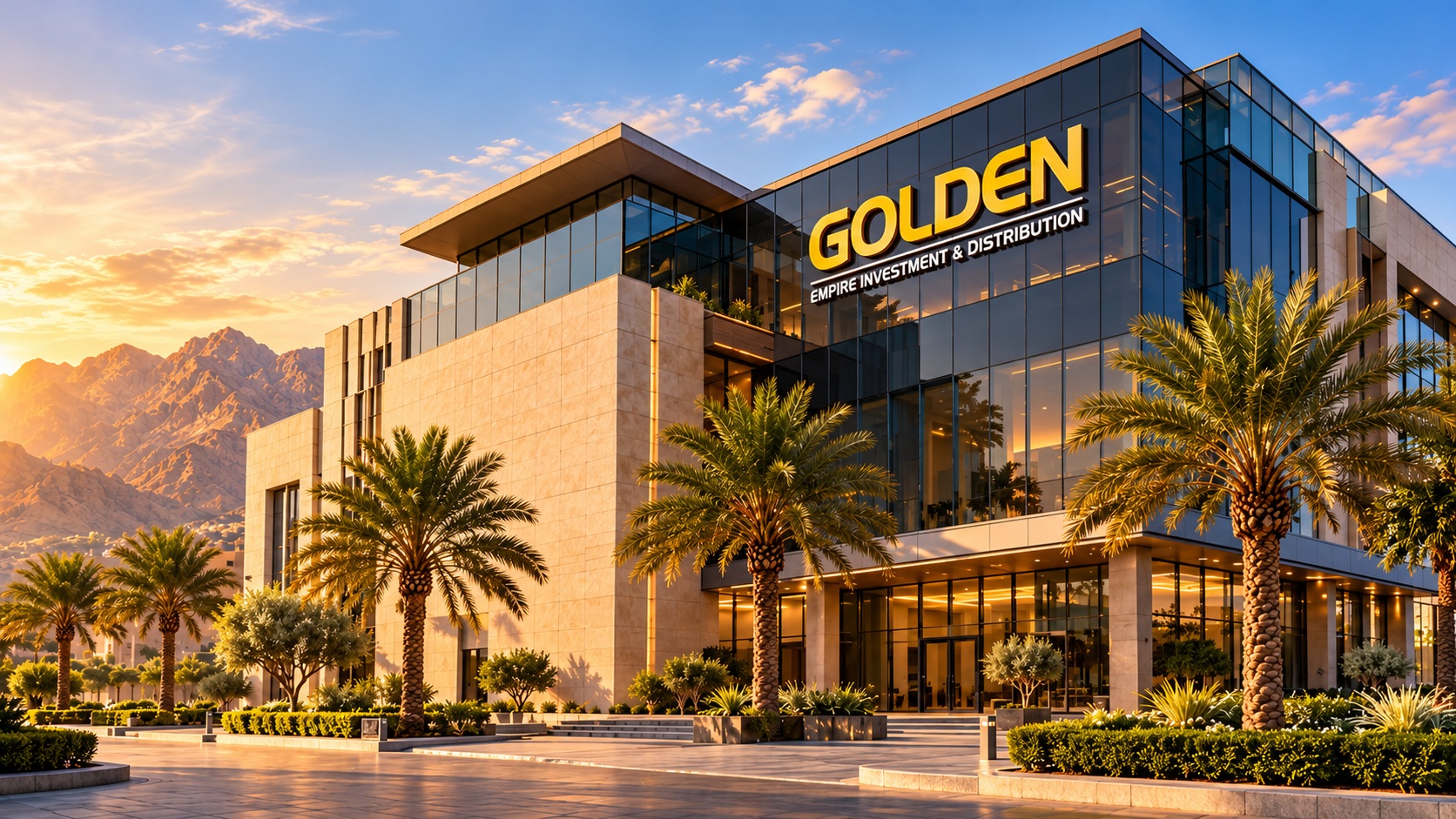 Corporate headquarters of Golden Empire Investment and Distribution in Muscat, Oman with landscaped palms