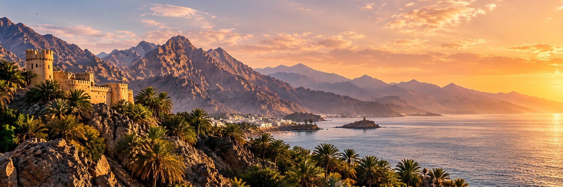 Majestic mountains of Oman under warm golden sunlight
