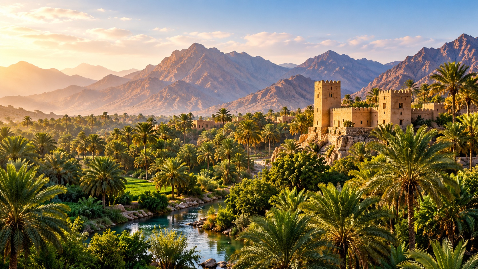 Scenic panoramic view of lush date palm oases and traditional forts in Oman