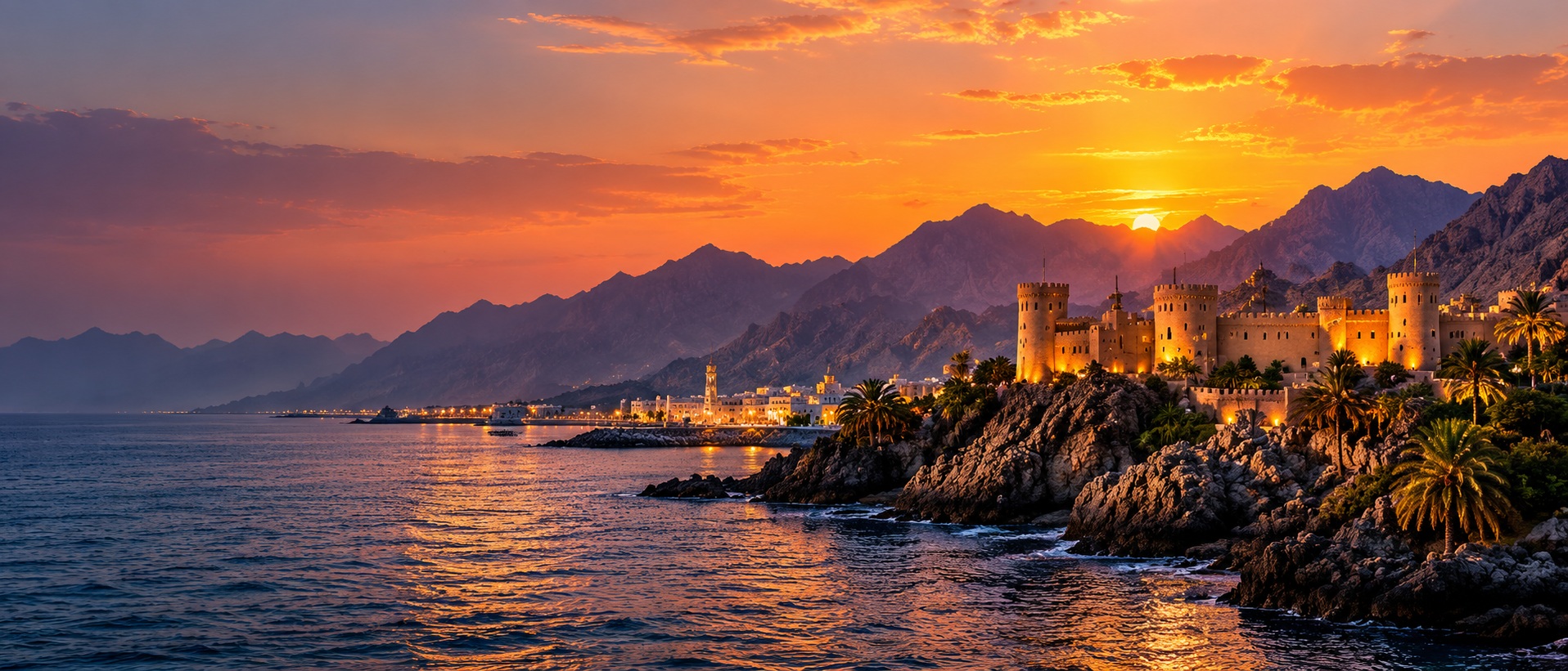 Scenic sunset glowing over the coastline and mountain forts of Oman