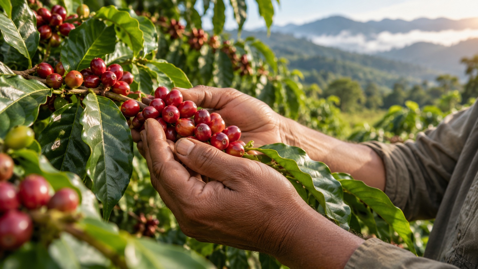 Hands holding freshly harvested raw coffee beans