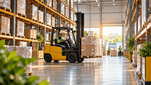 Modern distribution warehouse facility with electric forklift