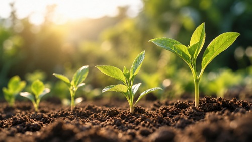 Green sapling growing towards natural morning sunlight
