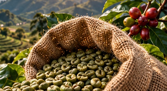 Hands holding ripe red coffee cherries harvested by local farmers