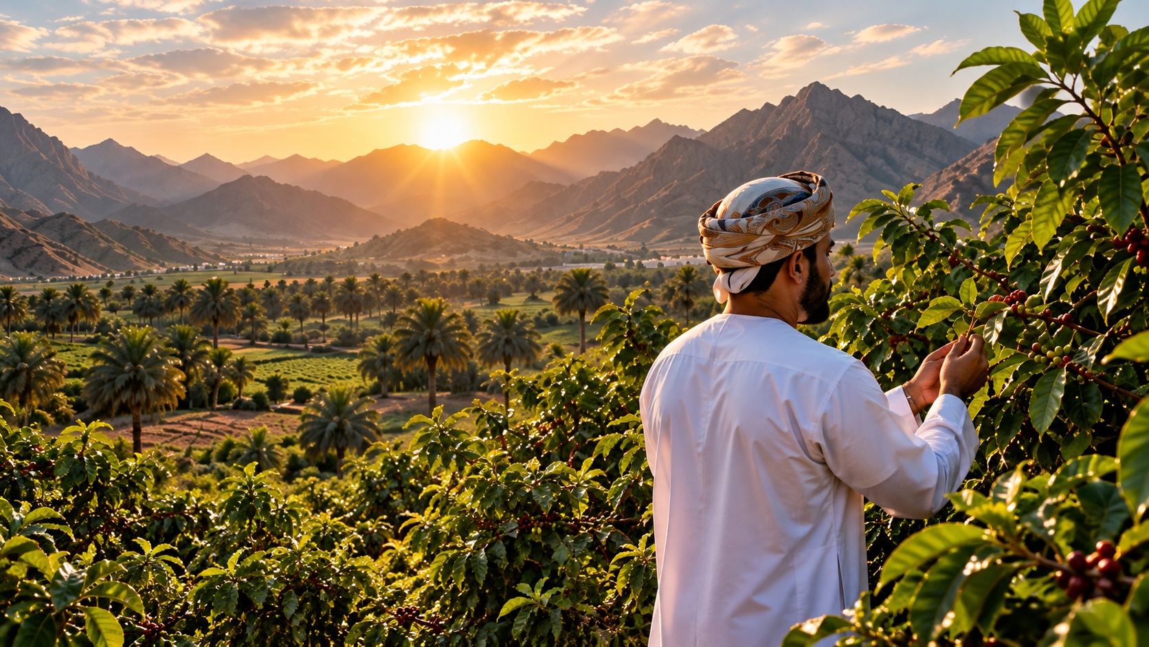Omani agricultural inspector in traditional dress overlooking scenic mountainous landscape at sunrise