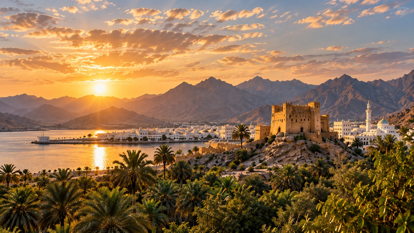 Panoramic golden hour sunset over coastal Oman, historic fortresses, palm groves and mountains
